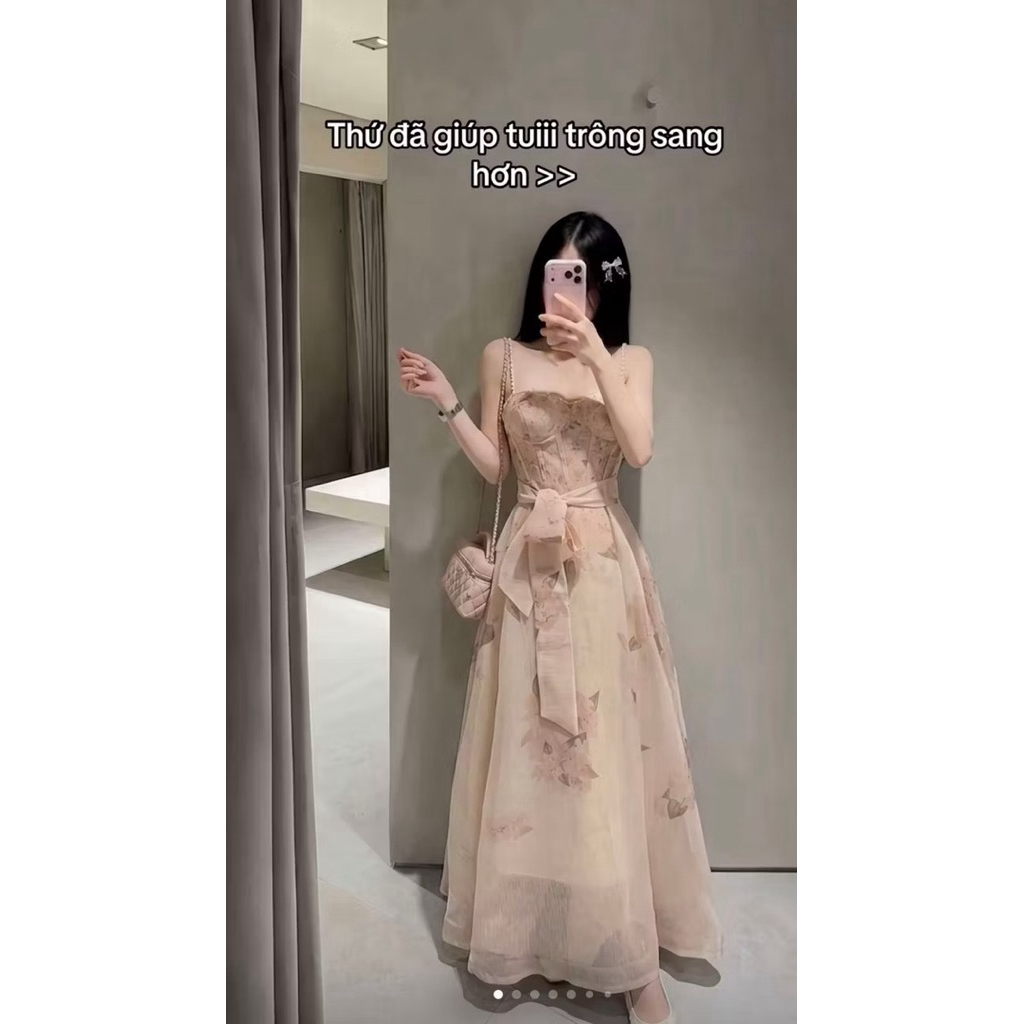 Đầm ZMM 2 dây cúp ngực hoa tơ kèm khăn thắt eo