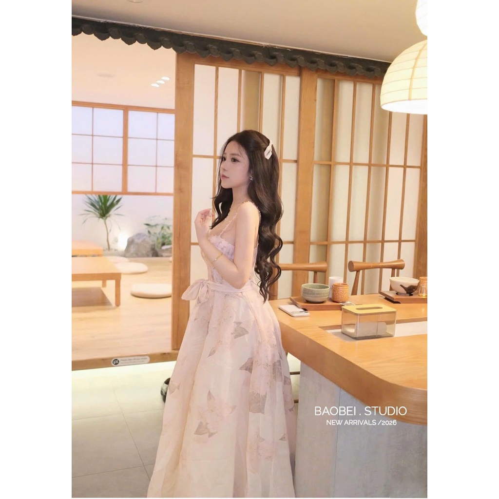 Đầm ZMM 2 dây cúp ngực hoa tơ kèm khăn thắt eo