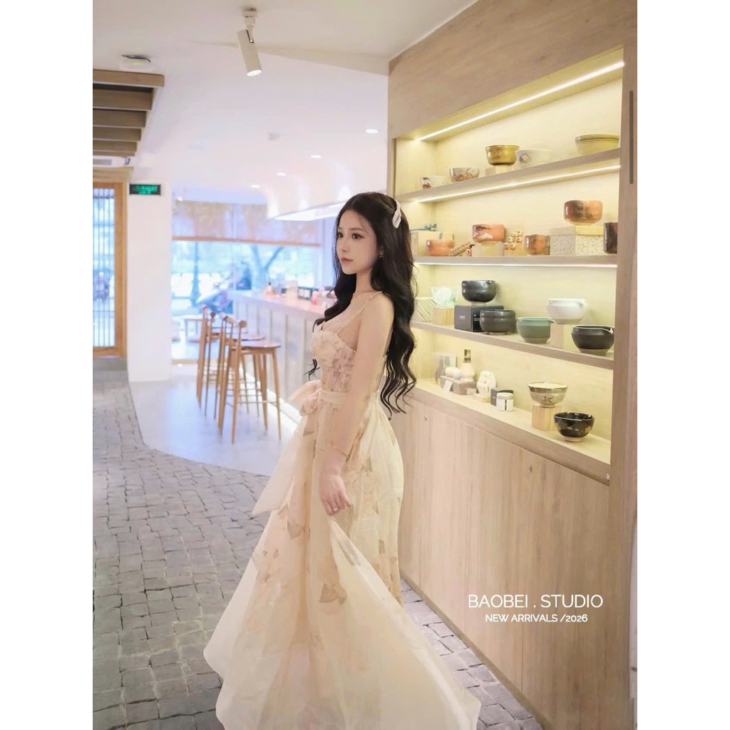 Đầm ZMM 2 dây cúp ngực hoa tơ kèm khăn thắt eo