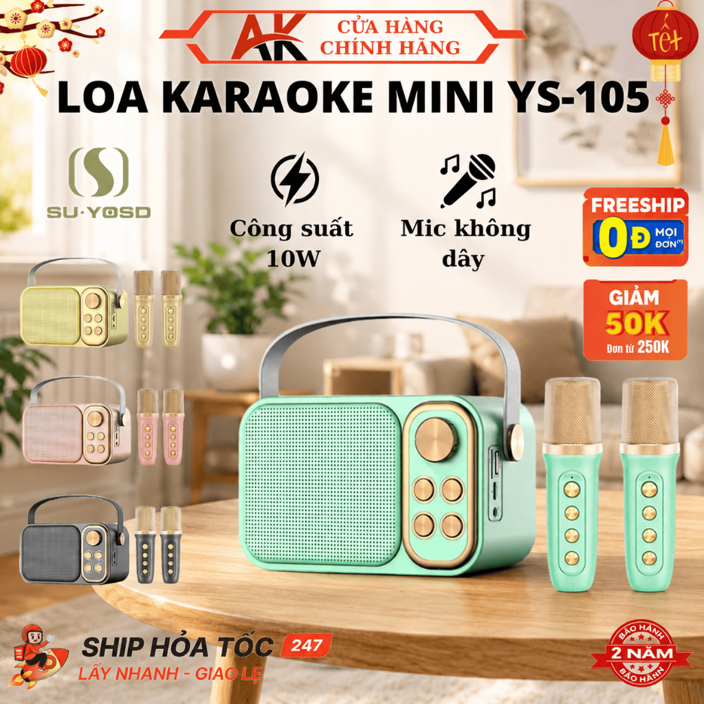 Loa Bluetooth Mini Karaoke Kèm 2 Micro YS-105 Bass Cực Mạnh, Âm Thanh Siêu Hay, Bảo Hành 2 Năm