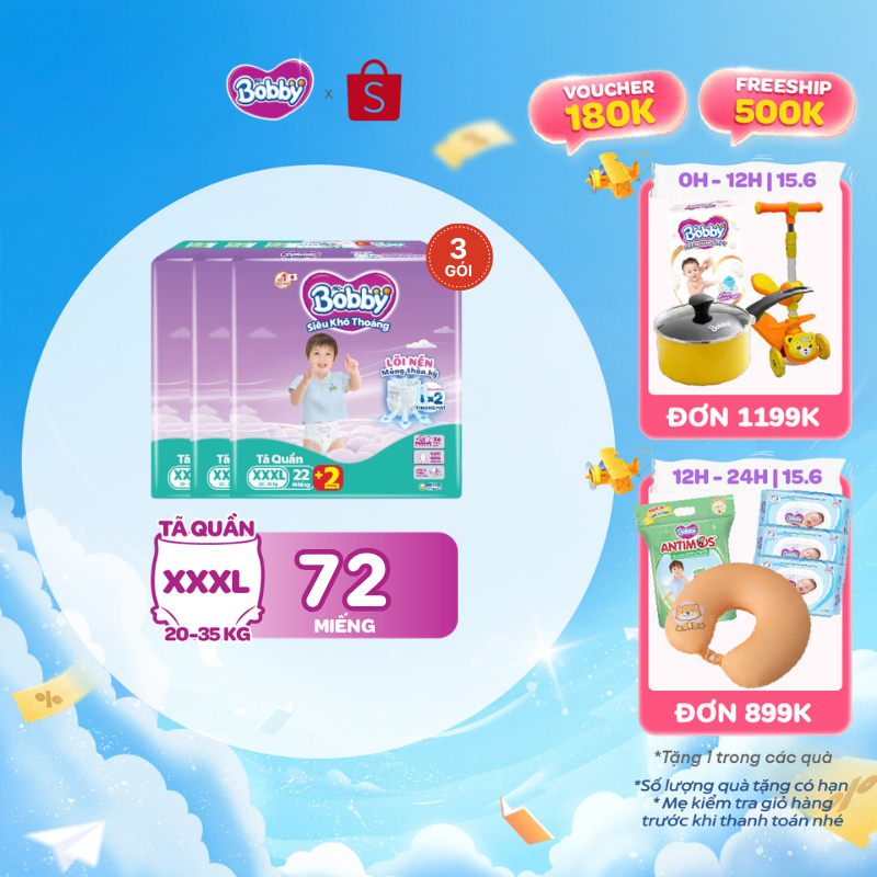 Combo 03 gói tã quần Bobby Siêu Khô Thoáng - 100% Thoáng Khí Jumbo S46/M42/L36/XL32/XXL28/XXXL22