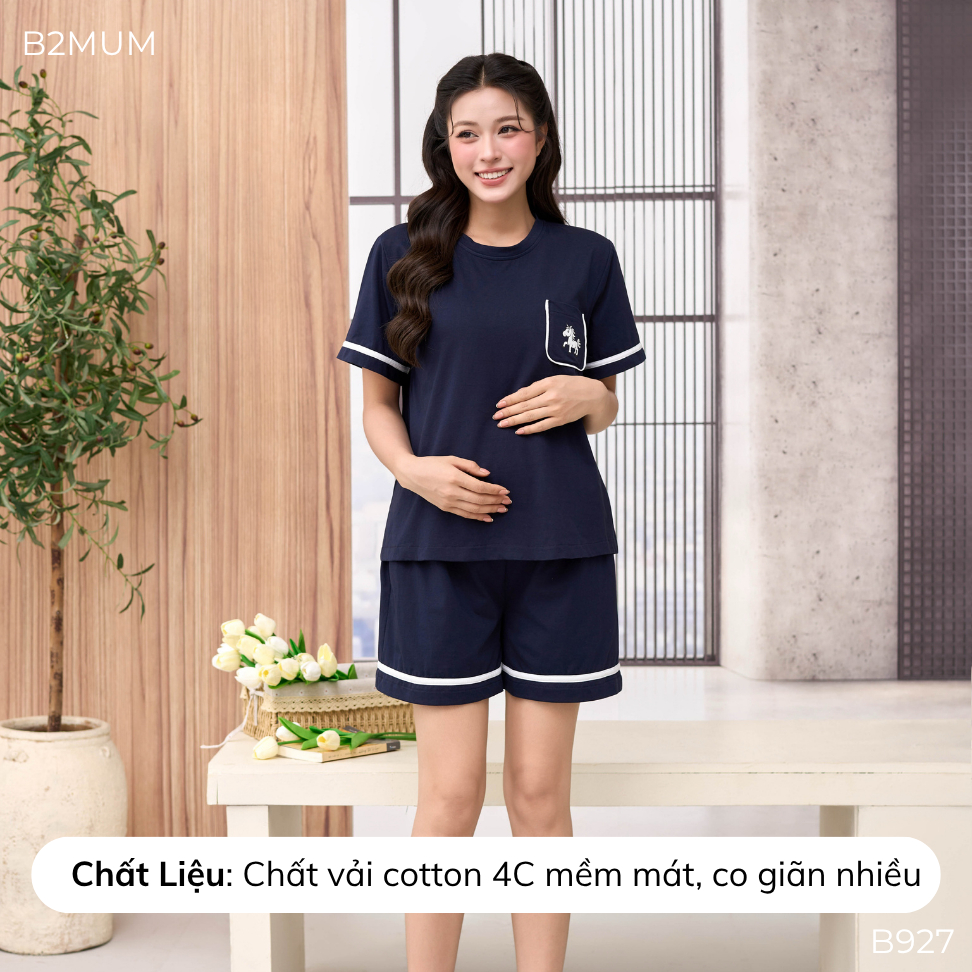 Bộ Bầu Cotton Than In Ngựa – Đồ Bộ Mặc Nhà Thoáng Mát Cho Mẹ Bầu & Sau Sinh, Có Đệm Mút Ngực Vela Set B927 By B2MUM