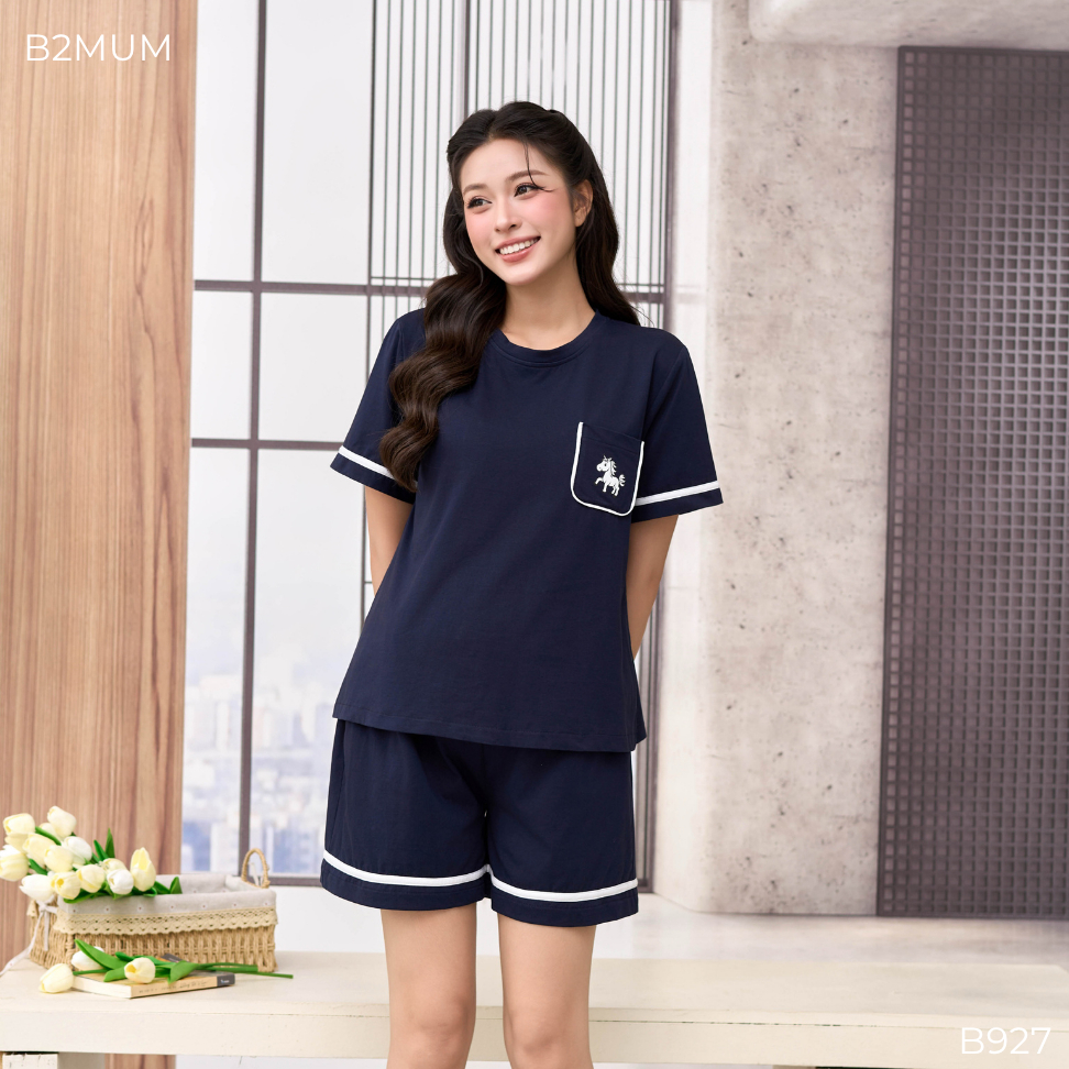 Bộ Bầu Cotton Than In Ngựa – Đồ Bộ Mặc Nhà Thoáng Mát Cho Mẹ Bầu & Sau Sinh, Có Đệm Mút Ngực Vela Set B927 By B2MUM