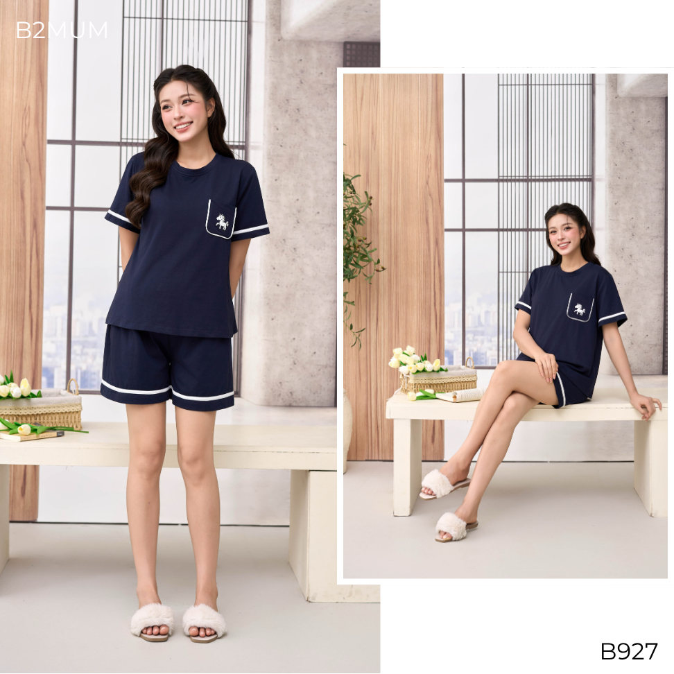 Bộ Bầu Cotton Than In Ngựa – Đồ Bộ Mặc Nhà Thoáng Mát Cho Mẹ Bầu & Sau Sinh, Có Đệm Mút Ngực Vela Set B927 By B2MUM