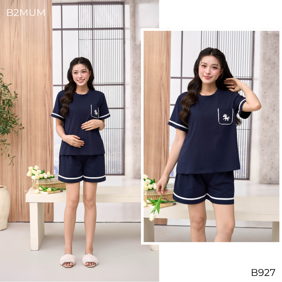 Bộ Bầu Cotton Than In Ngựa – Đồ Bộ Mặc Nhà Thoáng Mát Cho Mẹ Bầu & Sau Sinh, Có Đệm Mút Ngực Vela Set B927 By B2MUM