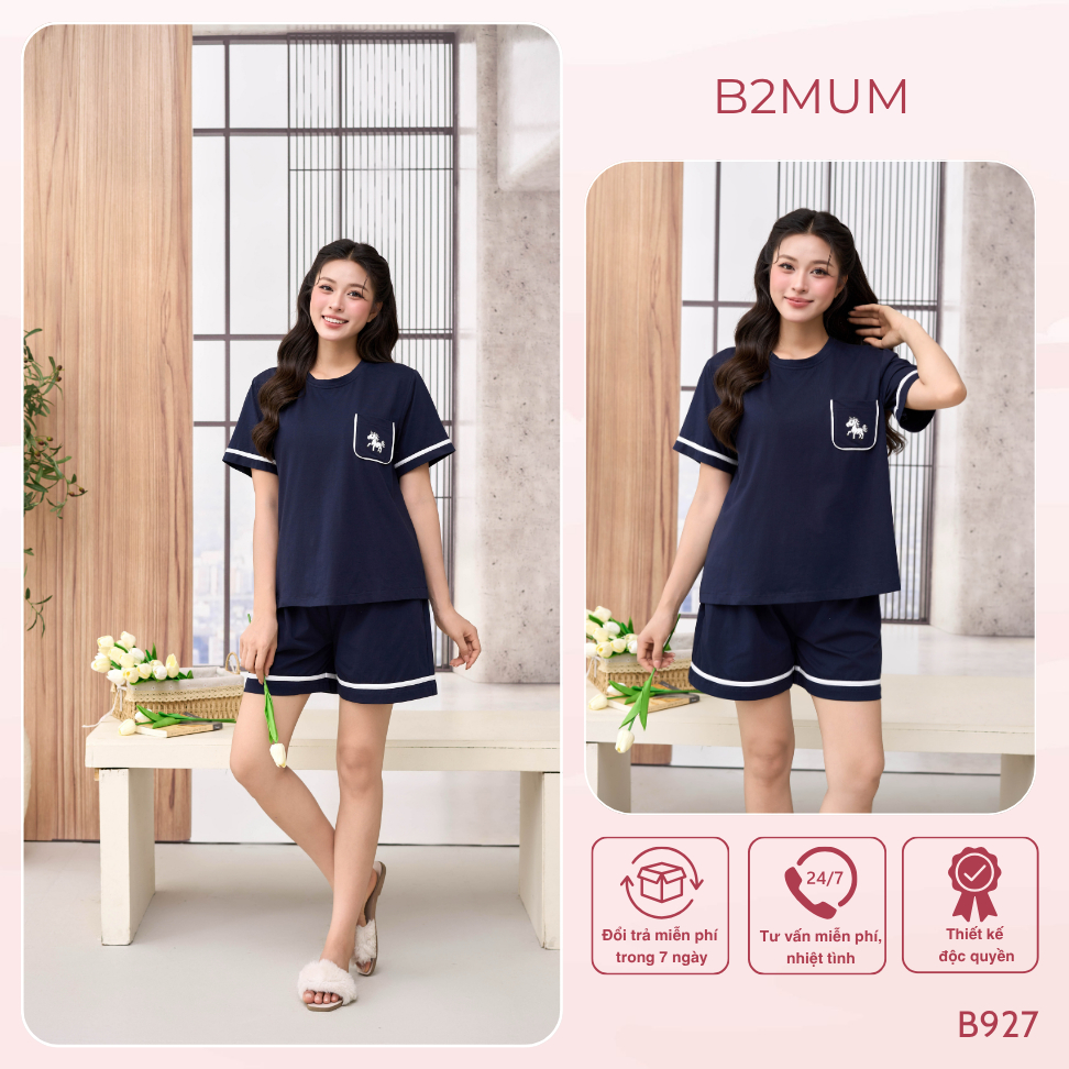 Bộ Bầu Cotton Than In Ngựa – Đồ Bộ Mặc Nhà Thoáng Mát Cho Mẹ Bầu & Sau Sinh, Có Đệm Mút Ngực Vela Set B927 By B2MUM