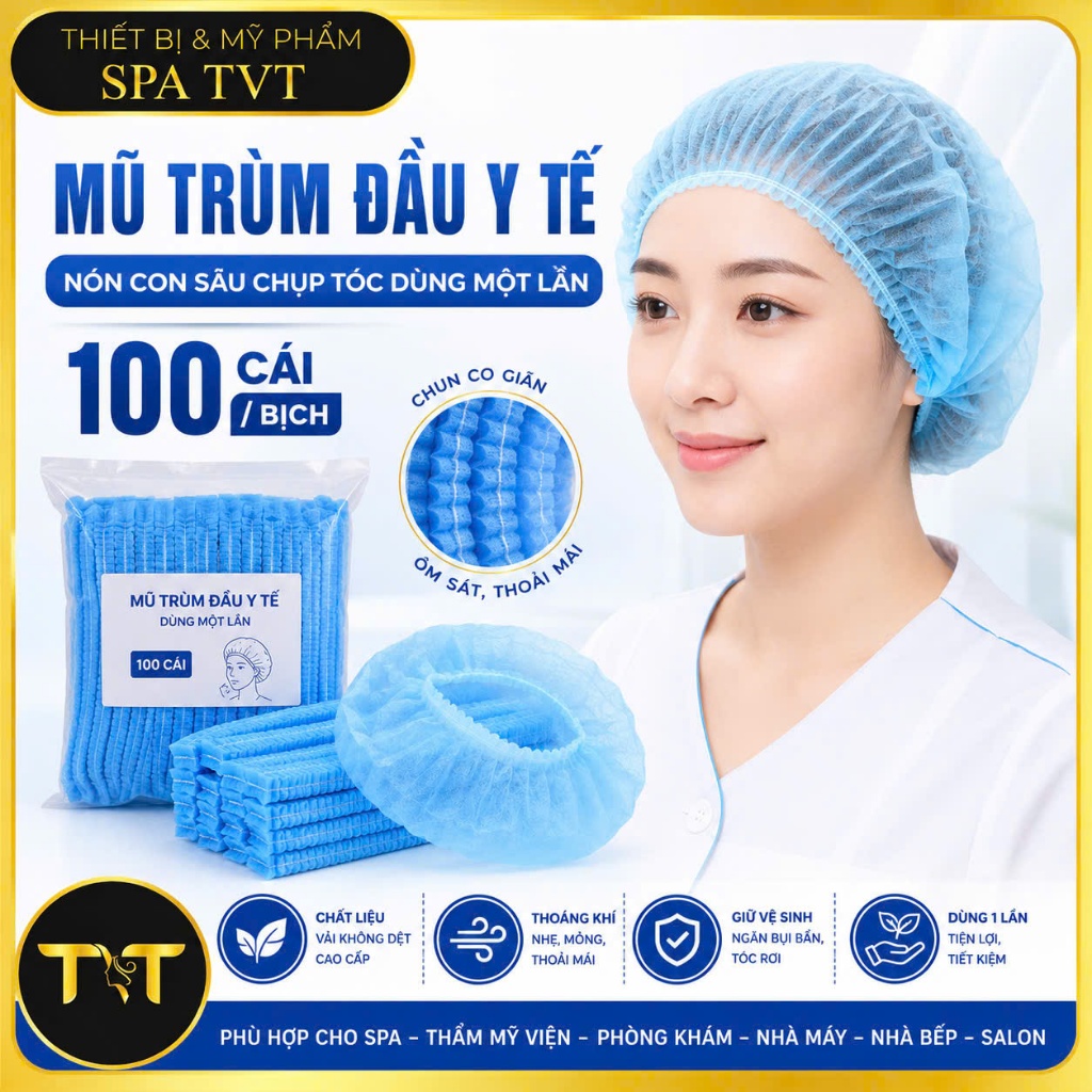 Mũ Chụp Tóc Con Sâu Vải Không Dệt 100 Cái, Dùng Một Lần Cho Spa, Phun Xăm, Chăm Sóc Da