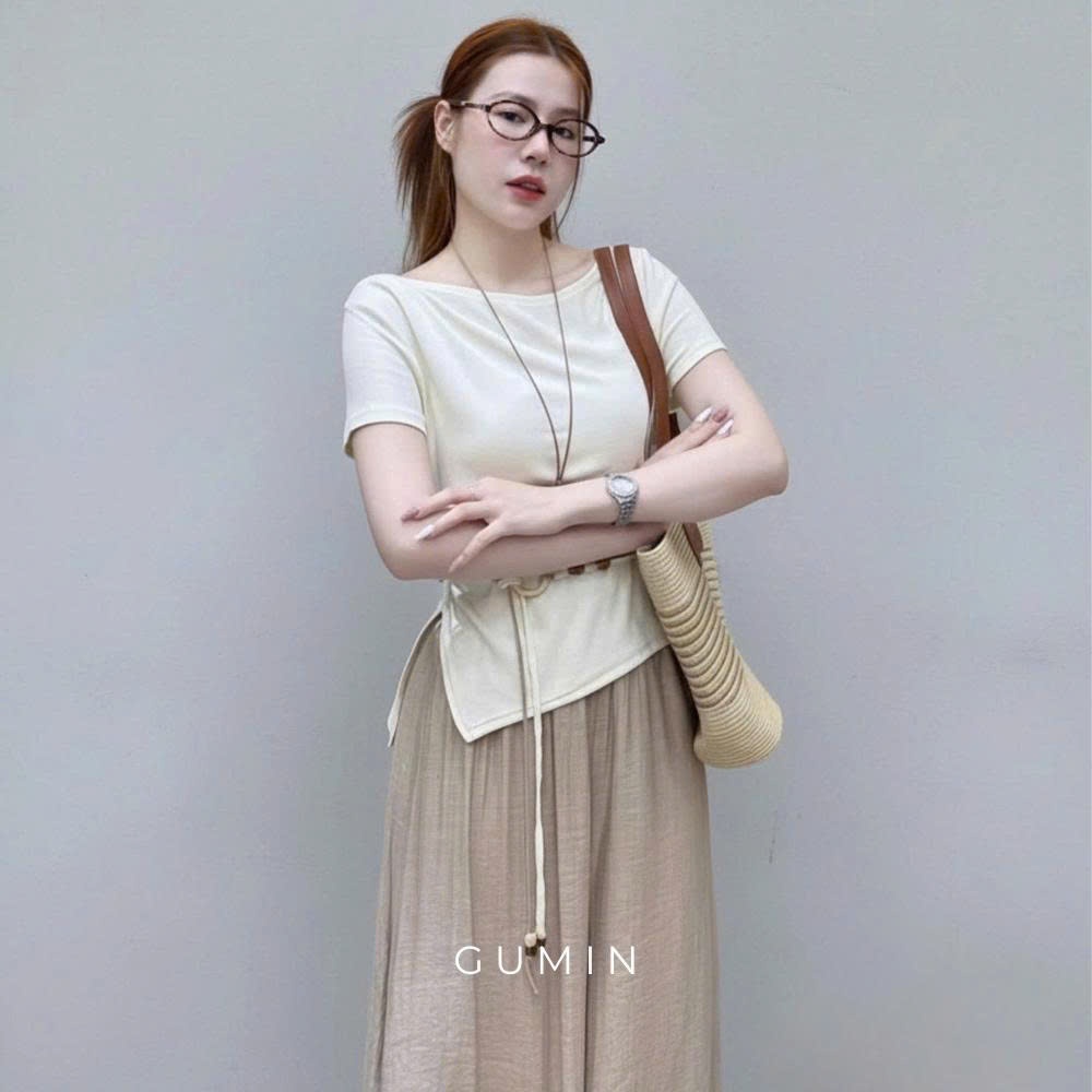 Set bộ áo váy GUMIN thiết kế áo thun vạt chéo be phối dây đai eo kèm quần suông dài sang chảnh thanh lịch