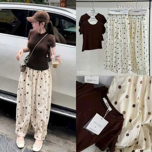 Set dài áo thun trơn q baggy hoa