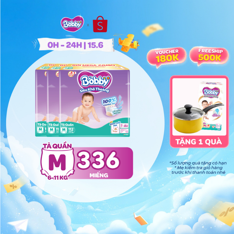 [TẶNG MIẾNG NGẪU NHIÊN] Combo 3 tã quần Bobby Siêu Khô Thoáng - 100% Thoáng Khí Mega Jumbo M112/L96/XL84/XXL76