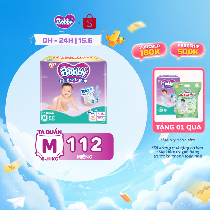 [TẶNG MIẾNG NGẪU NHIÊN] Tã quần Bobby Khô Thoáng - 100% Thoáng Khí Mega Jumbo  M112/L96/XL84/XXL76