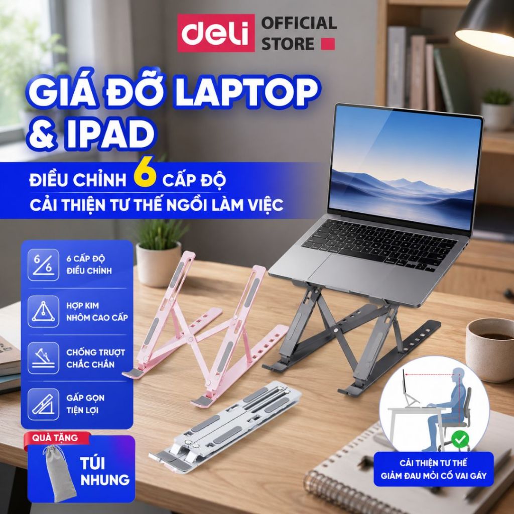 Giá Đỡ Laptop Macbook DELI Mới Full Đệm Kệ Máy Tính Đế Tản Nhiệt Kê Laptop Nhôm 6 Nấc Điều Chỉnh Độ Cao