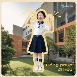 [18-45kg] Mix set đồng phục đi học bé gái HUMY NGO_Áo cộc tay polo cổ sen phối chân váy xếp li xanh than có lót quần