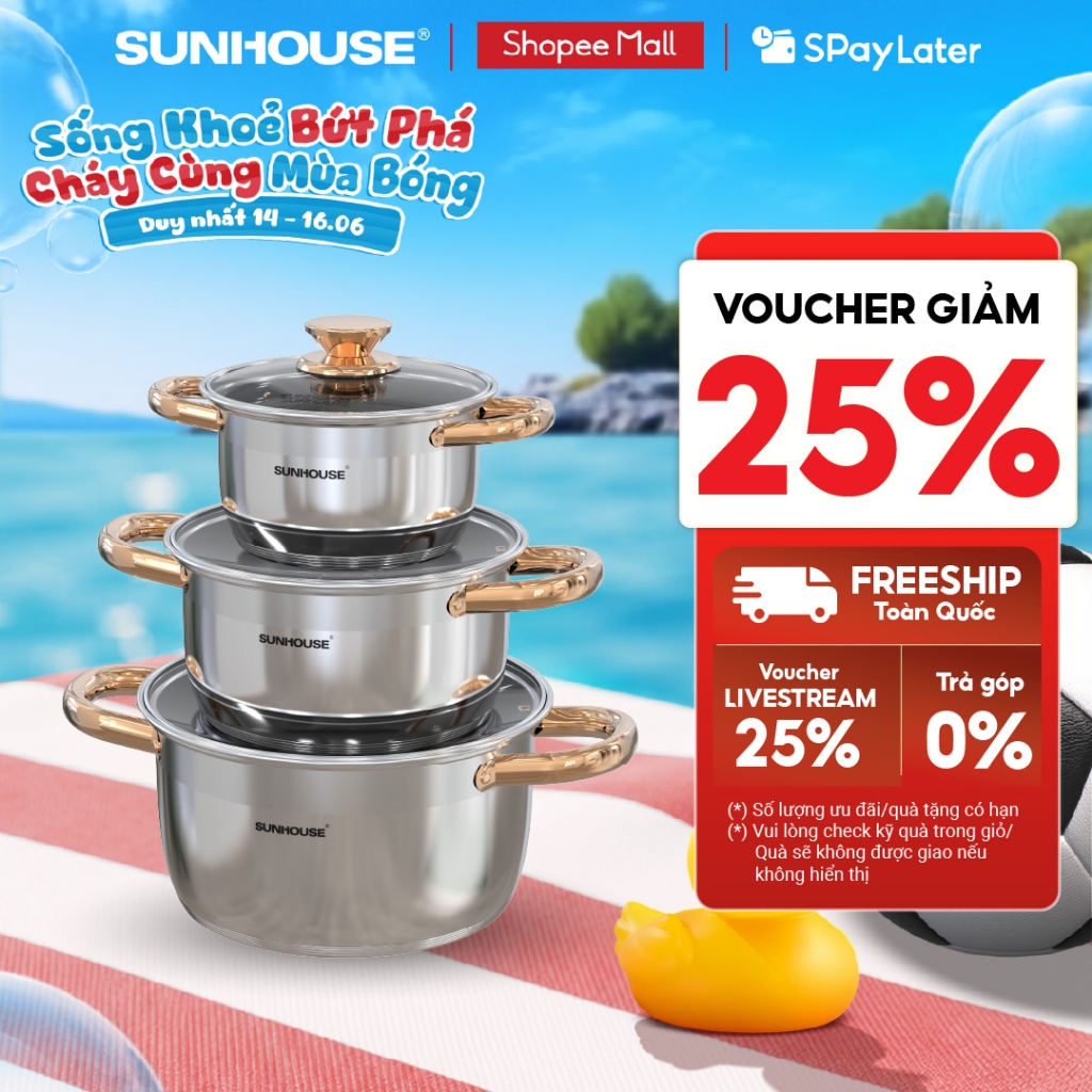 Bộ nồi inox 5 đáy Sunhouse SH781 - gồm 3 nồi với đường kính 16cm-20cm-24cm - Đáy từ dùng mọi loại bếp - 5 lớp đáy