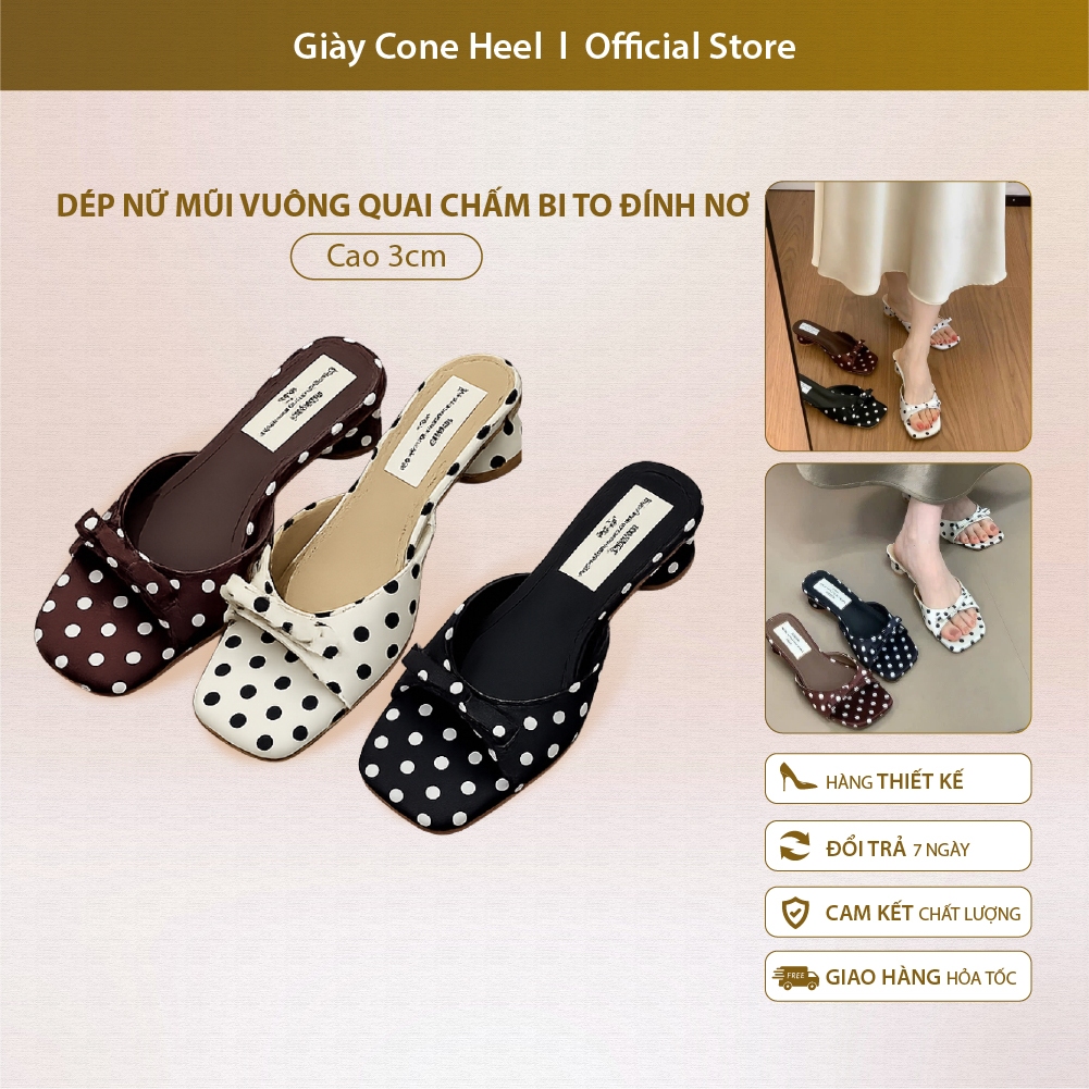 (GIÁ MỞ BÁN) Dép nữ mũi vuông quai chấm bi to đính nơ – Thời trang, trẻ trung, dễ thương