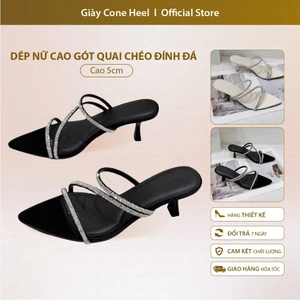 Dép nữ cao gót 5cm quai chéo đính đá giày Cone Heel,Giày dễ phối đồ, thanh lịch