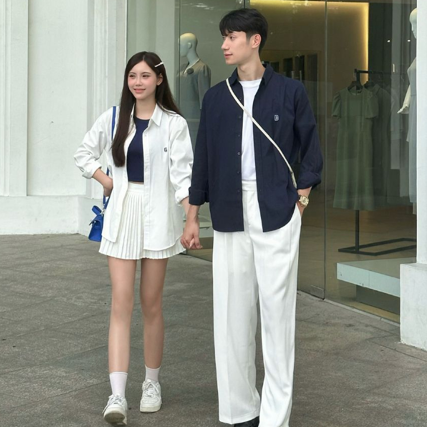 Áo sơ mi vải Oxford dài tay thêu logo tên theo yêu cầu, áo đôi nam nữ form rộng đi chơi, du lịch, đi làm