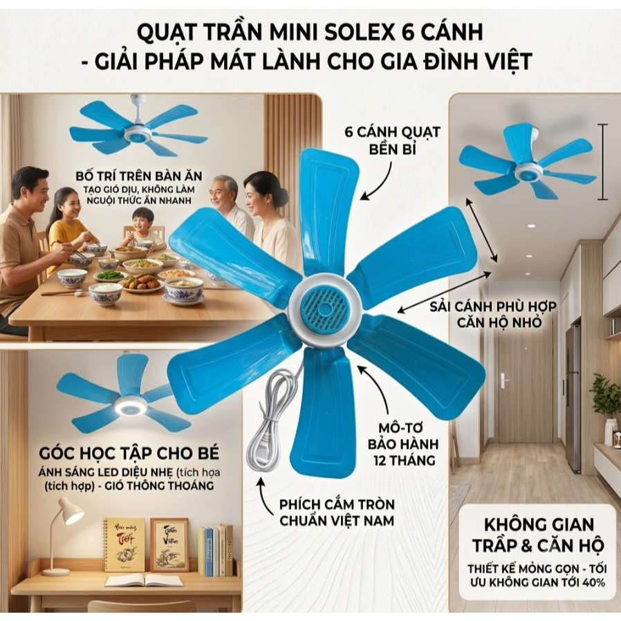 Quạt treo mùng 6 cánh siêu mát 50cm, quạt treo màn gió mạnh cho phòng trọ