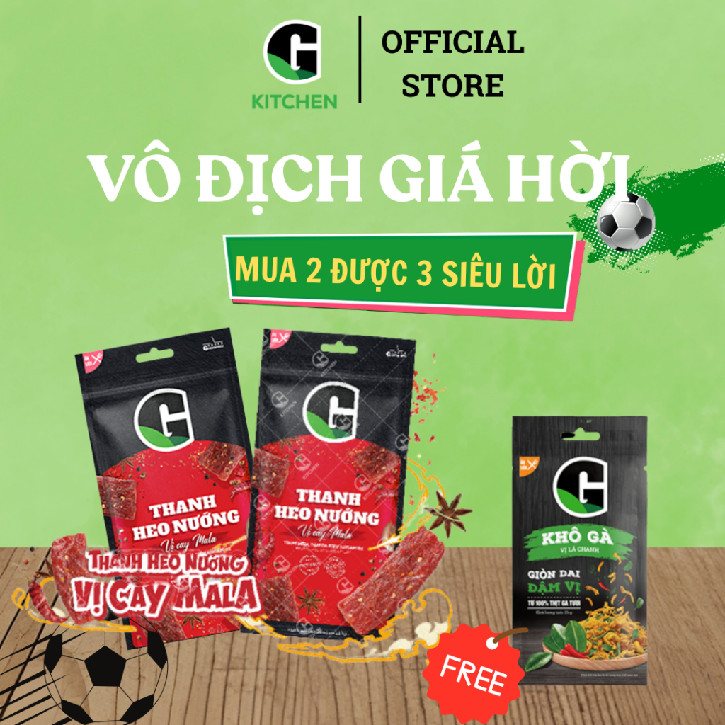[Bóng lăn deal sốc] Combo 2 túi thanh heo nướng vị cay mala 30g Tặng 1 túi khô gà lá chanh 22g G Kitchen