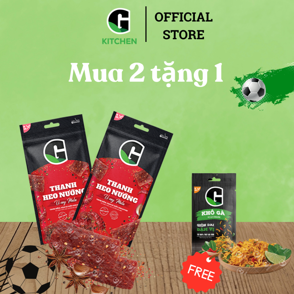 [Bóng lăn deal sốc] Combo 2 túi thanh heo nướng vị cay mala 30g Tặng 1 túi khô gà lá chanh 22g G Kitchen