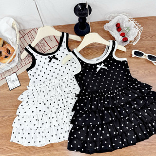 Váy 2 dây chấm bi chất cotton zip Hàn loại đẹp phối tầng bèo cho bé gái mặc hè mềm mát cho bé 12-32kg
