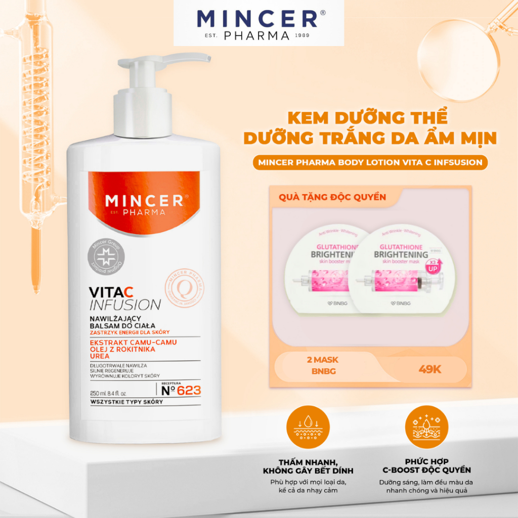 LIVE- Kem Dưỡng Thể Trắng Da, Nhả Nắng Da Cháy Nắng MINCER EST. PHARMA 1989 Vita C Infusion Body Lotion 250ml