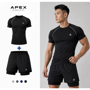 Set đồ thể thao nam APEX SPORT áo thun + quần short 2 lớp, đồ tập gym chạy bộ cầu lông nam