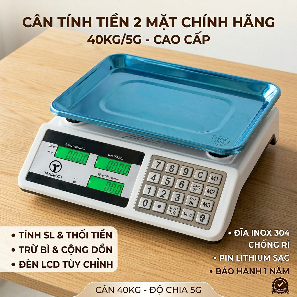 Cân Điện Tử 40Kg, Chính Xác 5g, Màn Hình LED 2 Mặt, Dùng Pin Hoặc Sạc, Tính Tiền Thông Minh, Phù Hợp Cửa Hàng, Chợ, Kinh