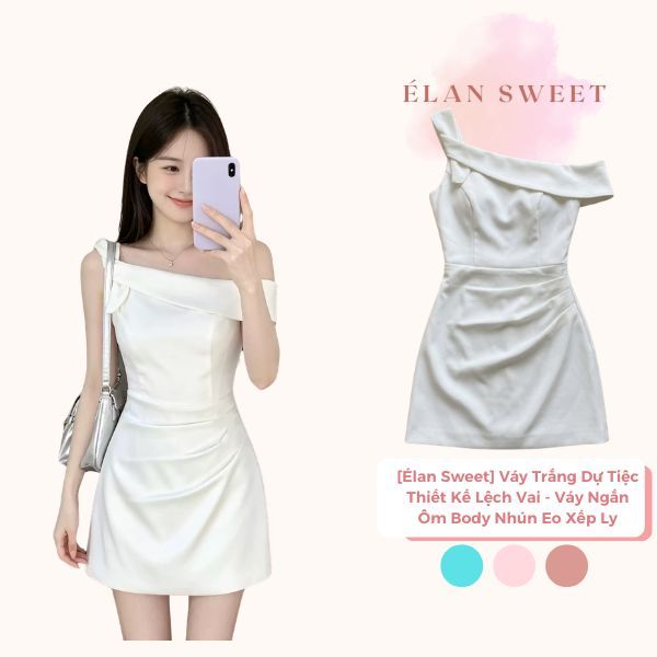 [Élan Sweet] Váy Trắng Dự Tiệc Thiết Kế Lệch Vai - Váy Ngắn Ôm Body Nhún Eo Xếp Ly