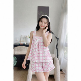 Bộ đùi mặc nhà áo phối nơ trắng - tay bèo cánh tiên xinh xắn freesize 48kg .