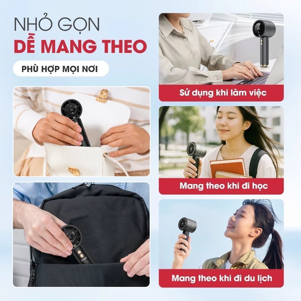 Quạt Minu cầm tay N68 5000mAh, gió mạnh 100 Turbo, hiển thị pin có kèm sạc di dộng