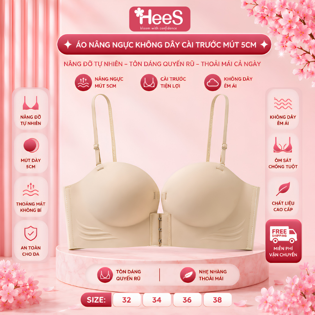 Áo ngực nữ chống tụt cài trước đệm dày 5cm nâng tạo khe mặc phối váy đầm cúp hở vai đa năng HeeS946