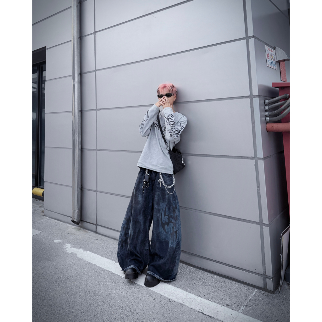 Quần Jean Ống Cong-Bumbum STU- Quần Jean Dark Smoke Distressed Baggy - BumBum STU