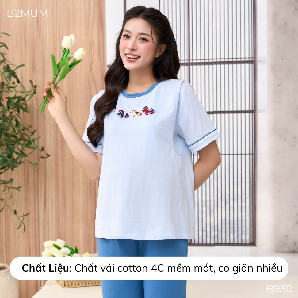 Bộ Bầu Cotton Xanh – Đồ Bộ Mặc Nhà Thoáng Mát Cho Mẹ Bầu & Sau Sinh,Thiết Kế Vạch Ngực,Quần Có Chun Chỉnh B930 B2MUM