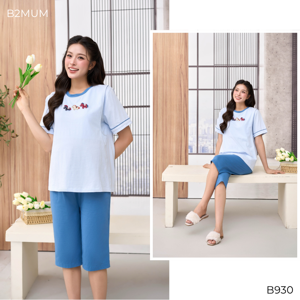 Bộ Bầu Cotton Xanh – Đồ Bộ Mặc Nhà Thoáng Mát Cho Mẹ Bầu & Sau Sinh,Thiết Kế Vạch Ngực,Quần Có Chun Chỉnh B930 B2MUM
