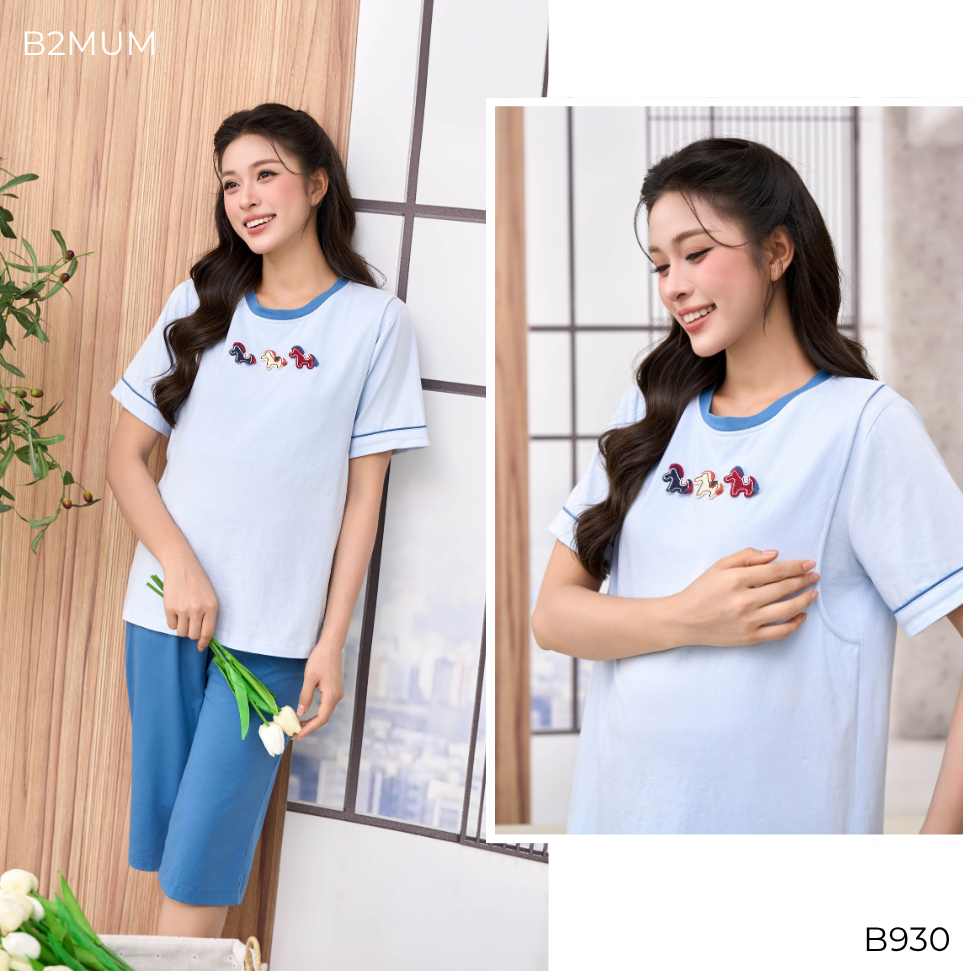 Bộ Bầu Cotton Xanh – Đồ Bộ Mặc Nhà Thoáng Mát Cho Mẹ Bầu & Sau Sinh,Thiết Kế Vạch Ngực,Quần Có Chun Chỉnh B930 B2MUM