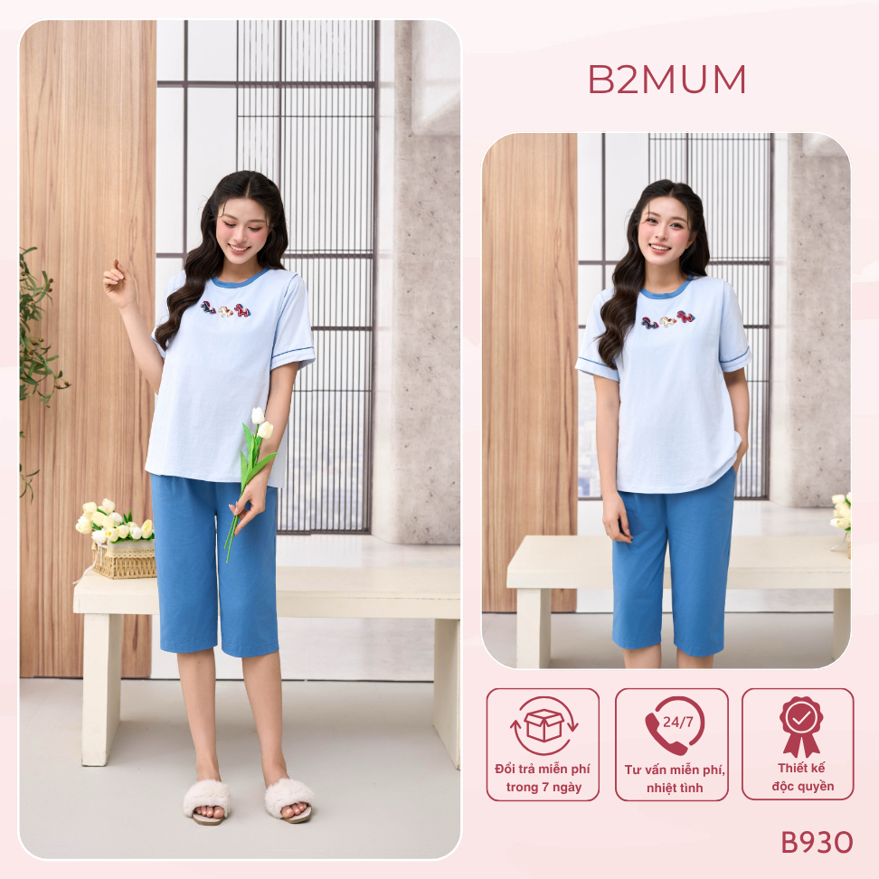 Bộ Bầu Cotton Xanh – Đồ Bộ Mặc Nhà Thoáng Mát Cho Mẹ Bầu & Sau Sinh,Thiết Kế Vạch Ngực,Quần Có Chun Chỉnh B930 B2MUM