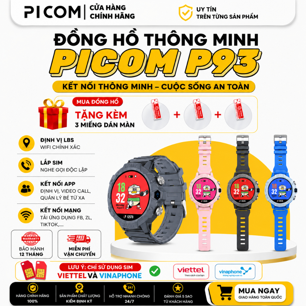 Đồng Hồ Thông Minh Picom P93 Lắp Sim Nghe Gọi Độc Lập Định Vị Video ...