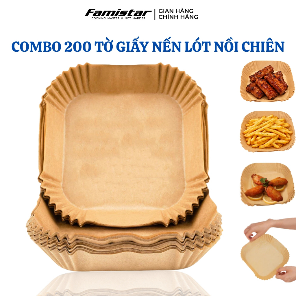 [Giá Sỉ] Combo 200 giấy lót nồi chiên ko dầu FAMISTAR, giấy nến nồi chiên không dầu, giấy nến nướng bánh vuông GN200