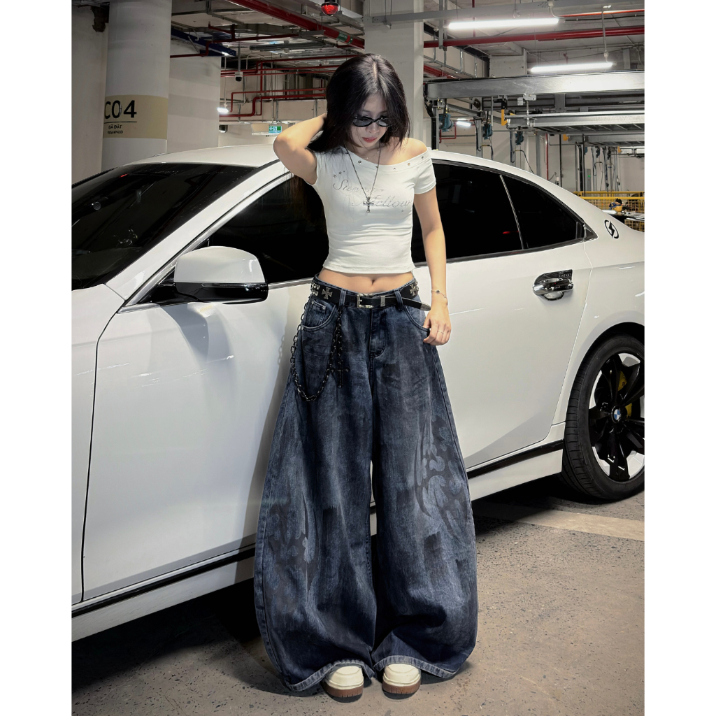 Quần Jean Ống Cong-Bumbum STU- Quần Jean Dark Smoke Distressed Baggy - BumBum STU