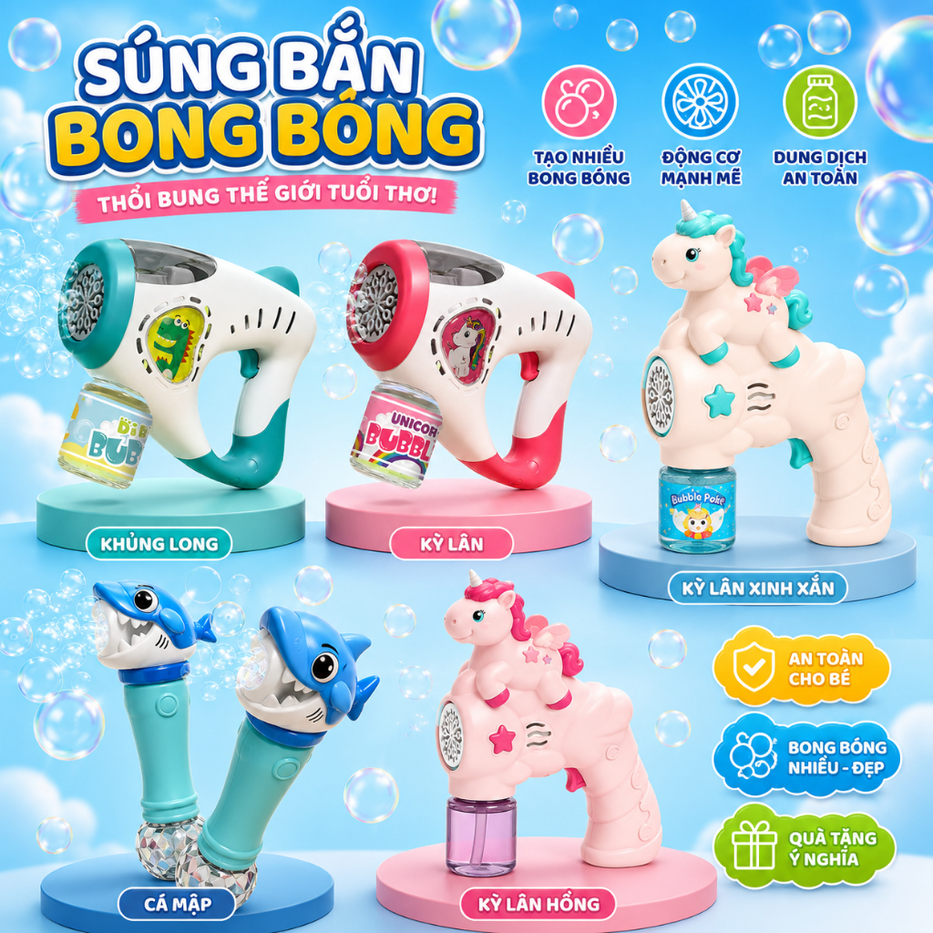 Súng thổi bong bóng xà phòng tự động cho bé các mẫu ngộ nghĩnh máy khỏe kèm pin và nước