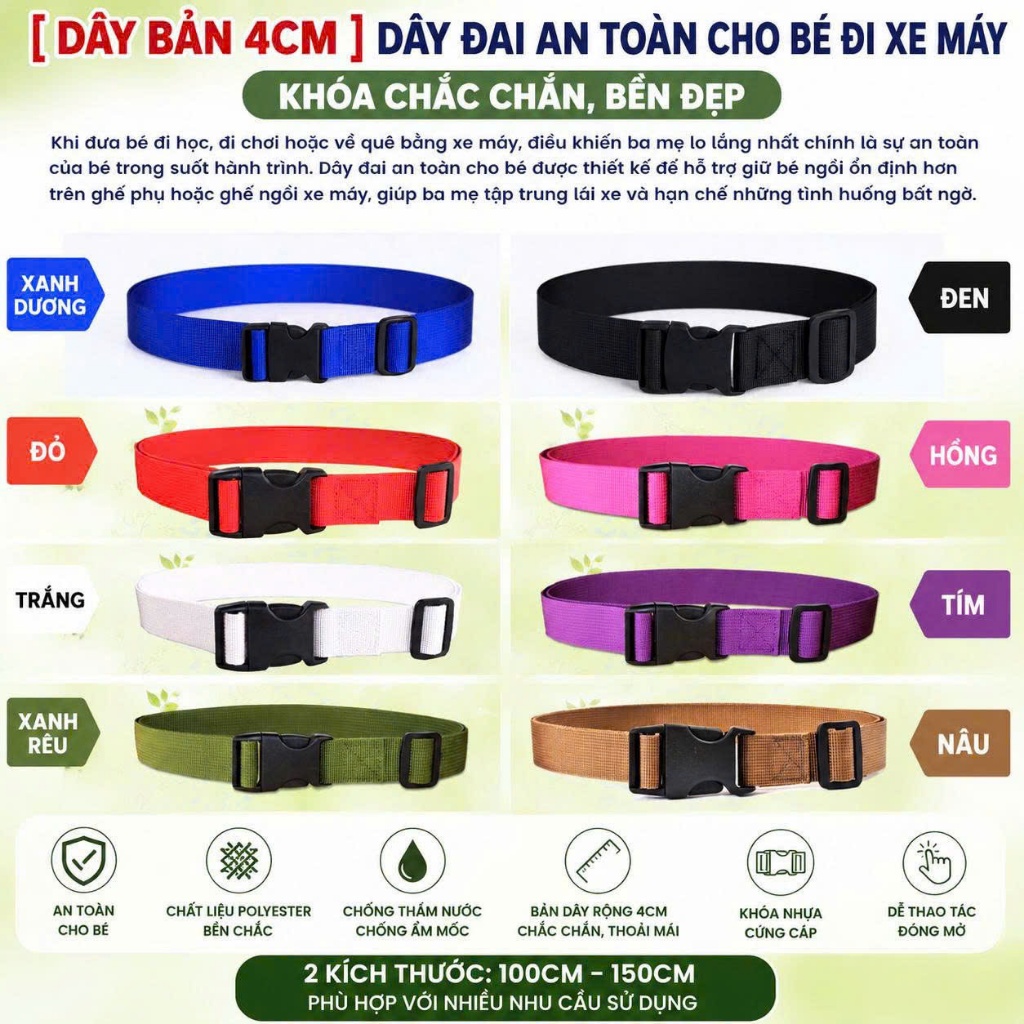 [ DÂY BẢN 4CM ] Dây Đai An Toàn Cho Bé Đi Xe Máy - Khóa Chắc Chắn, Bền Đẹp