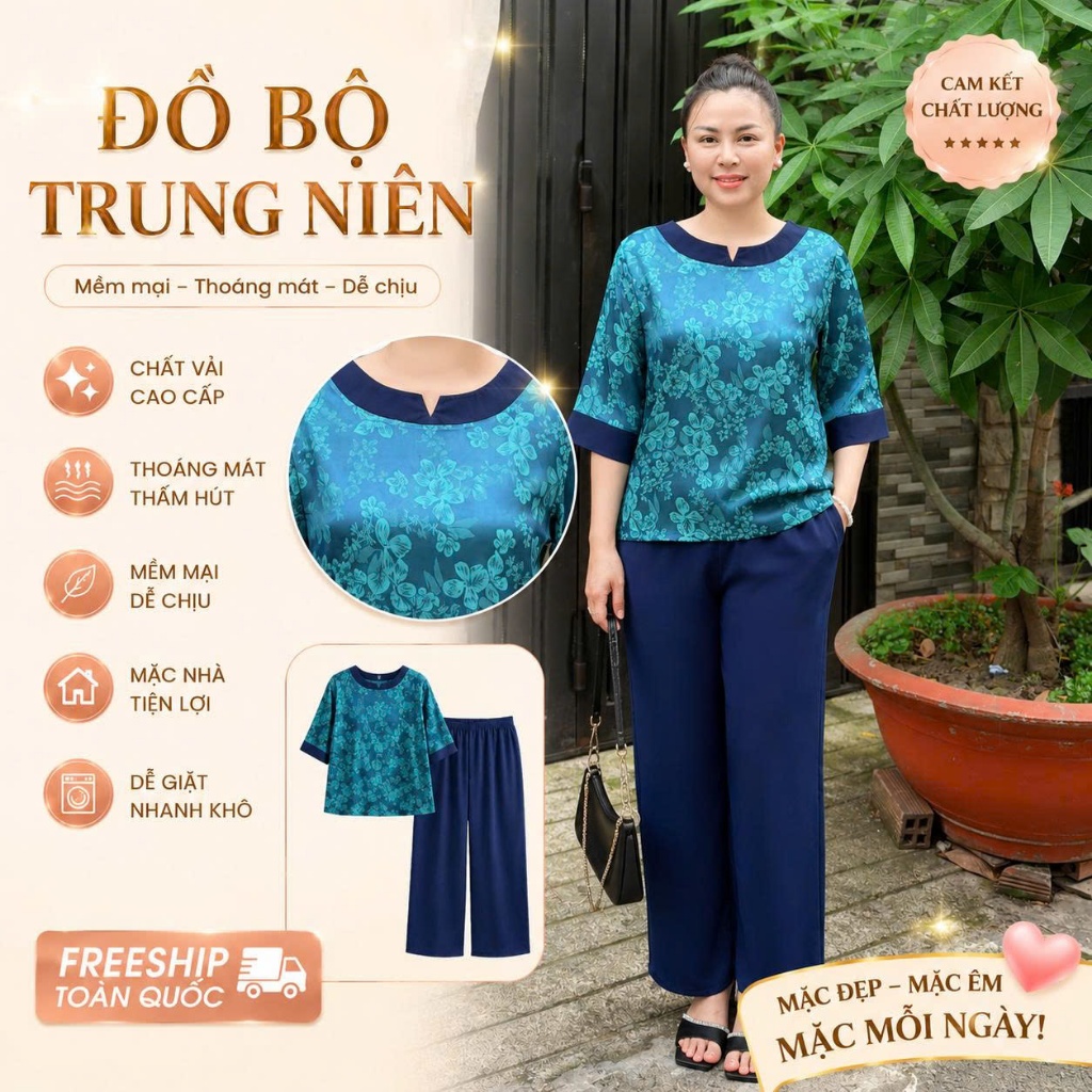 Y43 Đồ bộ trung niên chất lụa gấm cao cấp mềm thoáng mát hoạ tiết sang trọng , dễ mặc