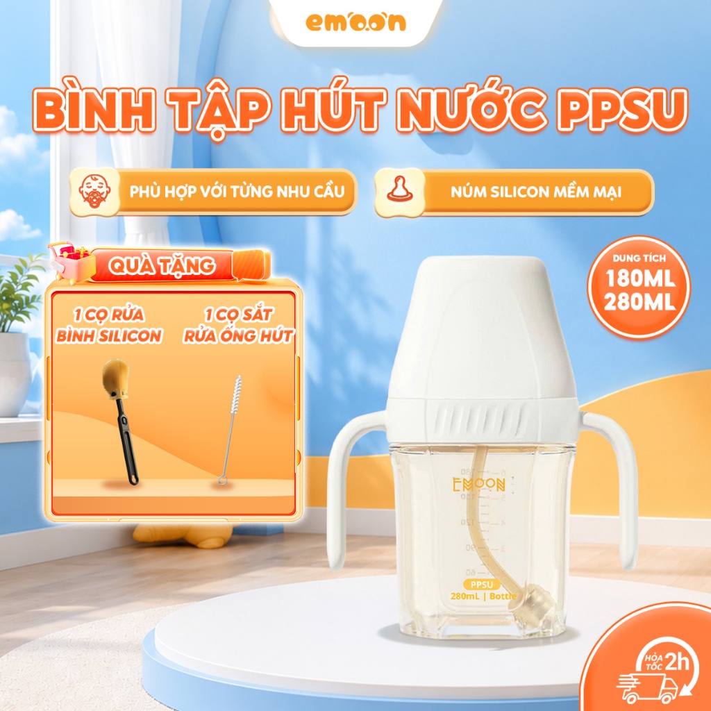 Bình nước cho bé PPSU Emoon 2 giai đoạn hỗ trợ tập hút với cơ chế chống sặc thông minh chuẩn nha khoa