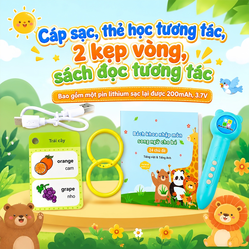 Bút chấm đọc cho bé 3-10 tuổi – Bút cảm ứng đồ chơi giáo dục thông minh, kèm sách + flashcard song ngữ Anh Việt, tự học
