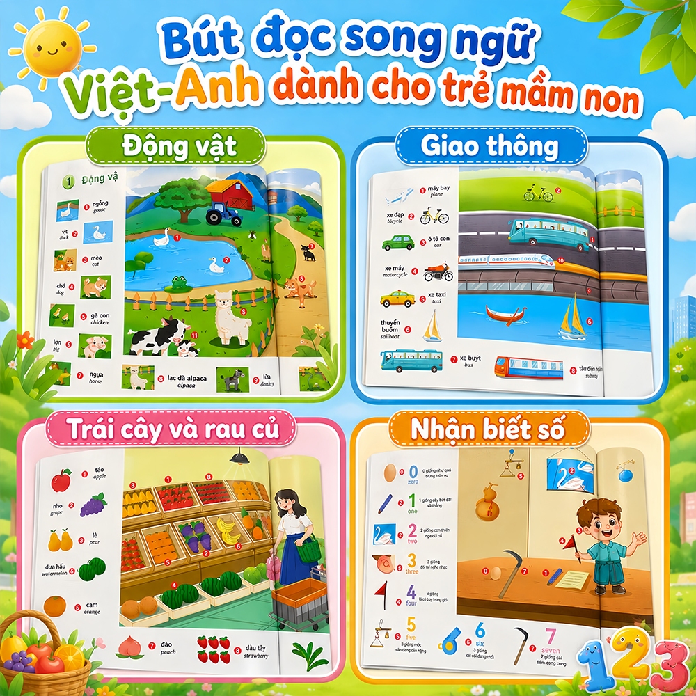 Bút chấm đọc cho bé 3-10 tuổi – Bút cảm ứng đồ chơi giáo dục thông minh, kèm sách + flashcard song ngữ Anh Việt, tự học