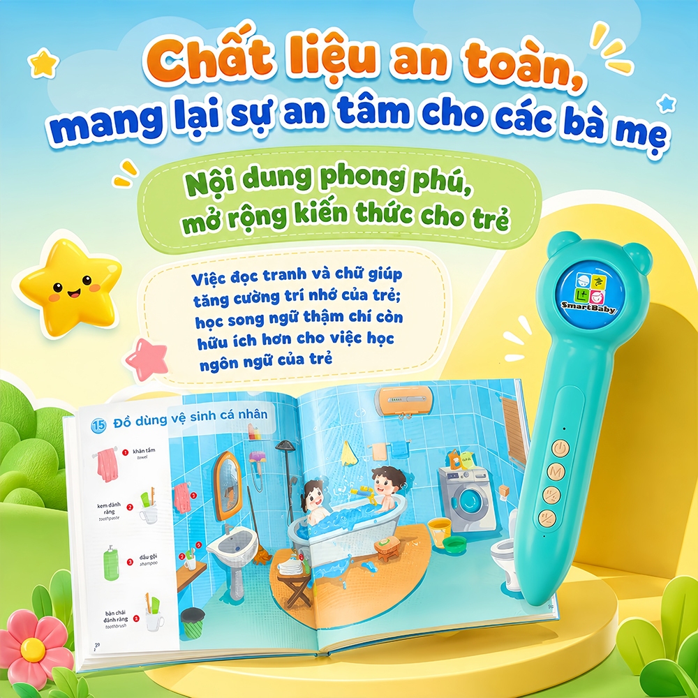 Bút chấm đọc cho bé 3-10 tuổi – Bút cảm ứng đồ chơi giáo dục thông minh, kèm sách + flashcard song ngữ Anh Việt, tự học