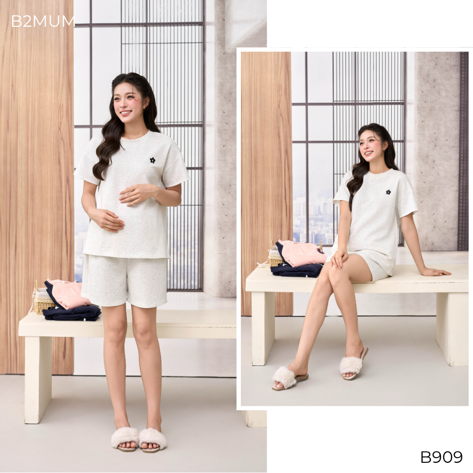Bộ Bầu Cotton Hàn Thêu Hoa – Đồ Bộ Mặc Nhà Thoáng Mát Cho Mẹ Bầu & Sau Sinh, Quần Có Chun Chỉnh Tender Set B909 By B2MUM