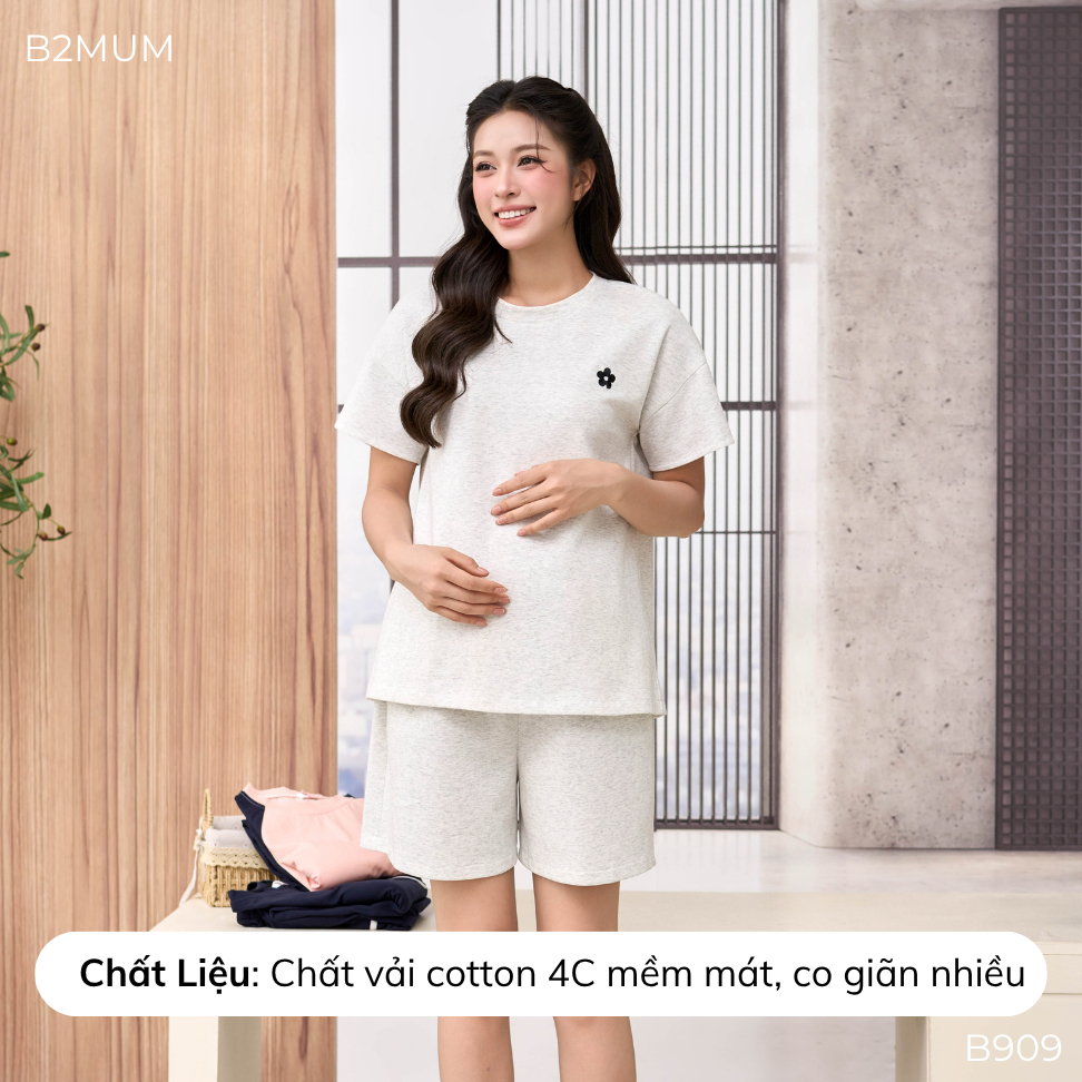Bộ Bầu Cotton Hàn Thêu Hoa – Đồ Bộ Mặc Nhà Thoáng Mát Cho Mẹ Bầu & Sau Sinh, Quần Có Chun Chỉnh Tender Set B909 By B2MUM