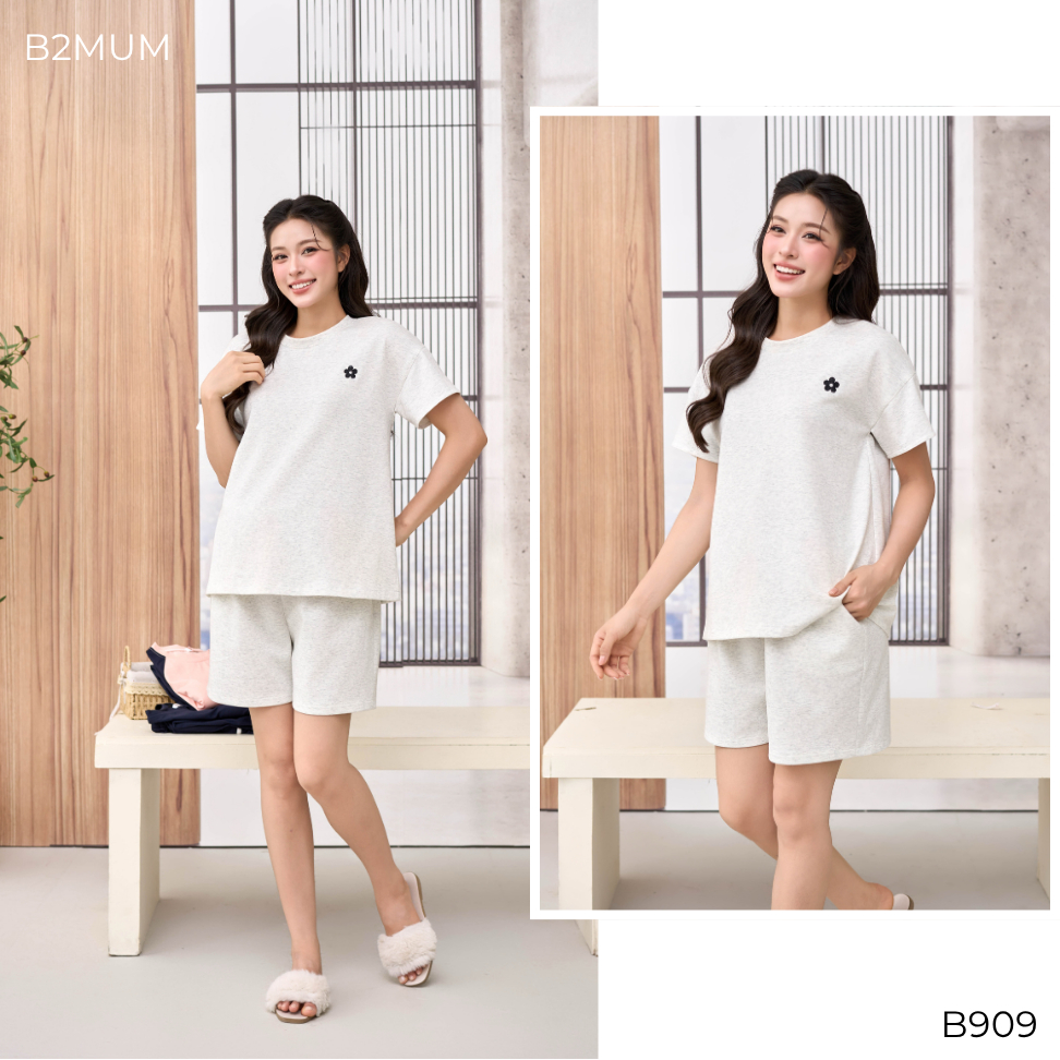Bộ Bầu Cotton Hàn Thêu Hoa – Đồ Bộ Mặc Nhà Thoáng Mát Cho Mẹ Bầu & Sau Sinh, Quần Có Chun Chỉnh Tender Set B909 By B2MUM